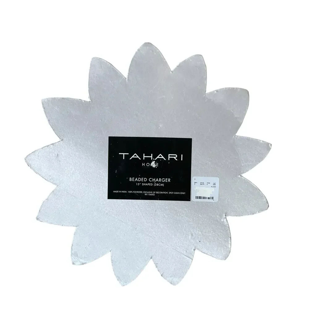 TAHARI HOME Glass Hand Beaded Charger Placemat 15in White Silver Floral NEW